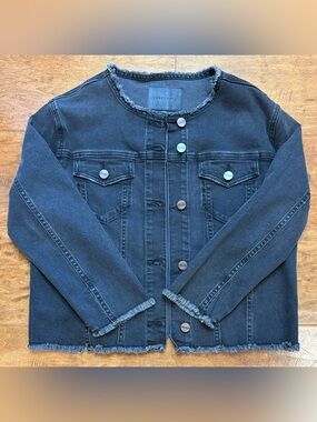 Sanctuary Coyote Black Raw Hem Denim Jacket Small Collarless Frayed 3/4 Sleeve